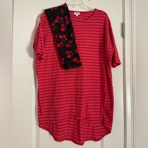 LuLaRoe Set of 2 Red Striped Tunic with Matching Floral Leggings